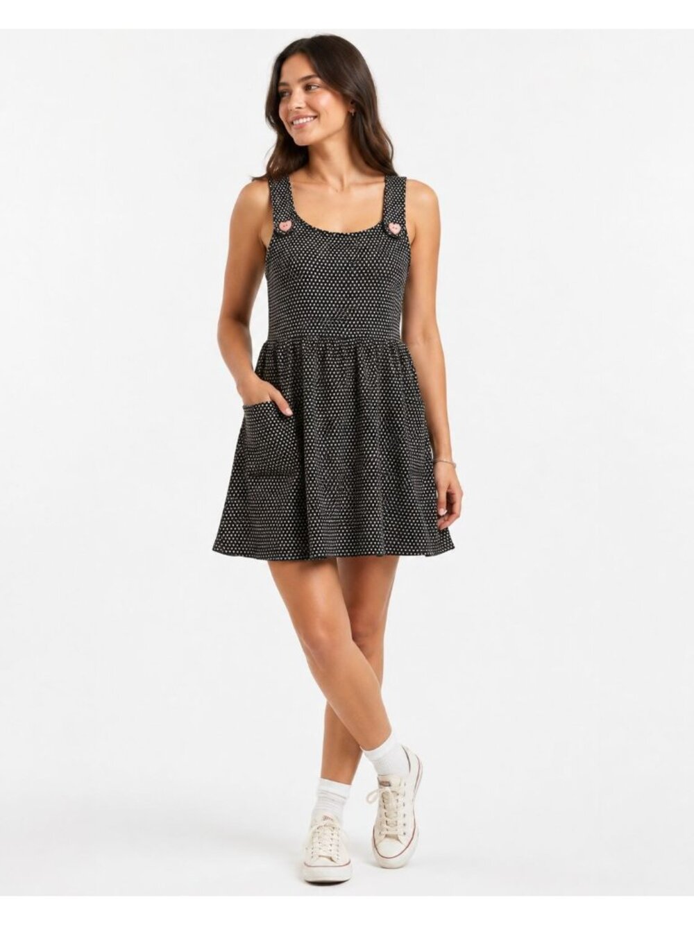 Mine Heart Patterned W/Heart button Black Sleeveless Dress W/Pockets Xlarge